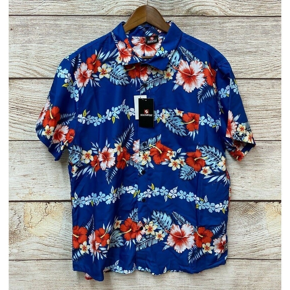 Southpole Button Shirt Mens XL (48" Chest) Royal Blue Floral Regular Fit New